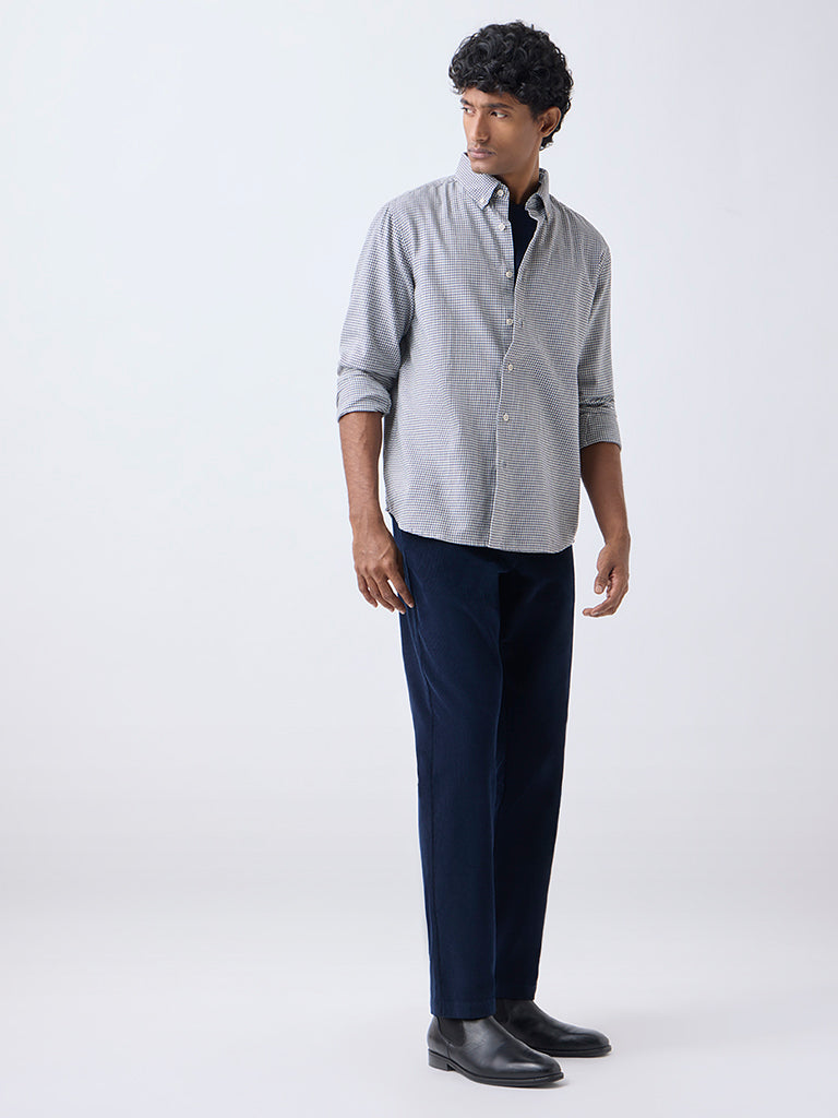 Ascot Blue Houndstooth Checks Relaxed-Fit Cotton Shirt