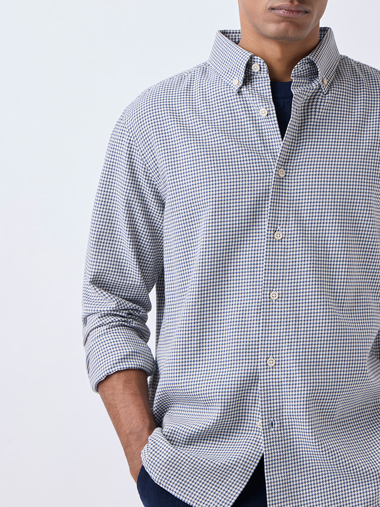 Ascot Blue Houndstooth Checks Relaxed-Fit Cotton Shirt
