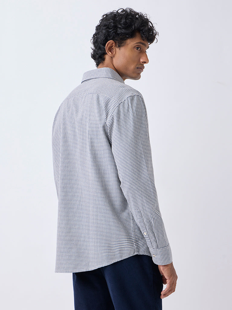 Ascot Blue Houndstooth Checks Relaxed-Fit Cotton Shirt