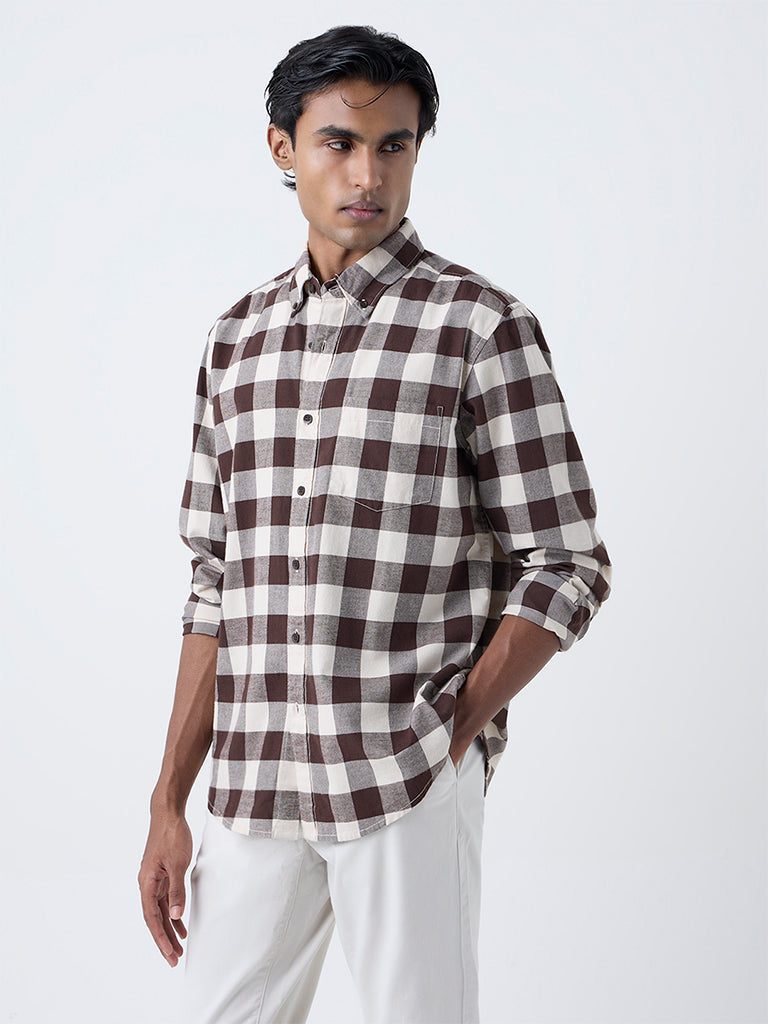 WES Casuals Brown Checks Printed Relaxed-Fit Cotton Shirt