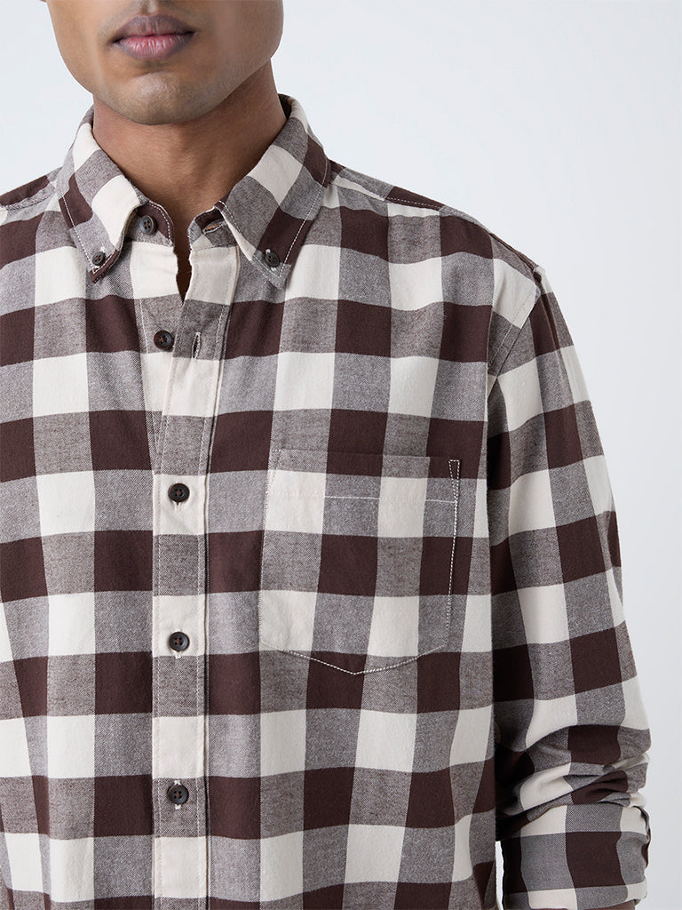 WES Casuals Brown Checks Printed Relaxed-Fit Cotton Shirt