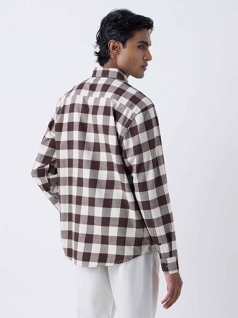 WES Casuals Brown Checks Printed Relaxed-Fit Cotton Shirt