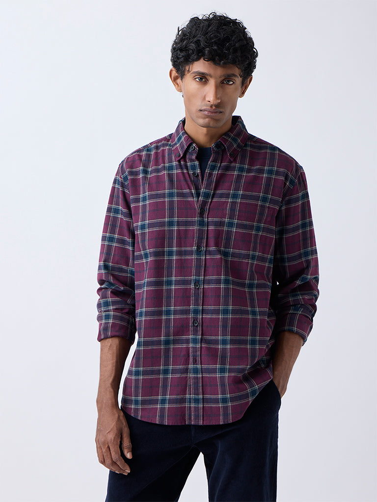 WES Casuals Burgundy Checkered Relaxed-Fit Cotton-Blend Shirt