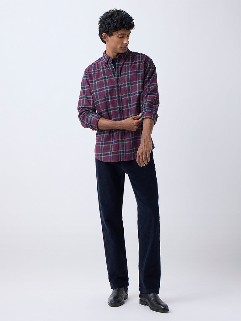 WES Casuals Burgundy Checkered Relaxed-Fit Cotton-Blend Shirt