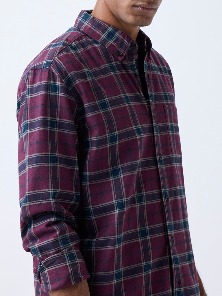 WES Casuals Burgundy Checkered Relaxed-Fit Cotton-Blend Shirt