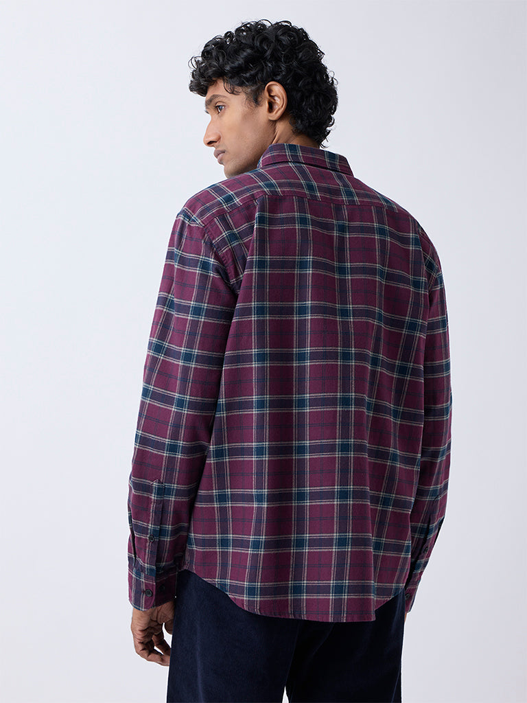 WES Casuals Burgundy Checkered Relaxed-Fit Cotton-Blend Shirt