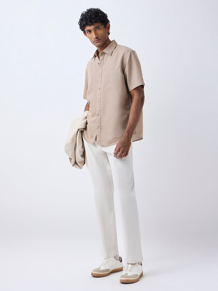 WES Casuals Taupe Relaxed-Fit Linen-Blend Shirt