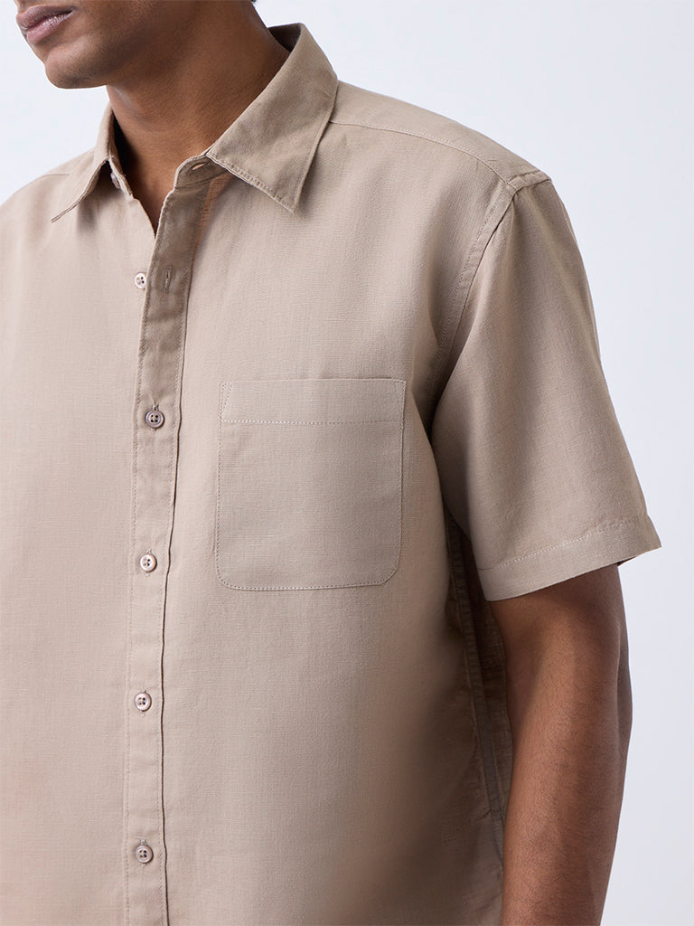 WES Casuals Taupe Relaxed-Fit Linen-Blend Shirt