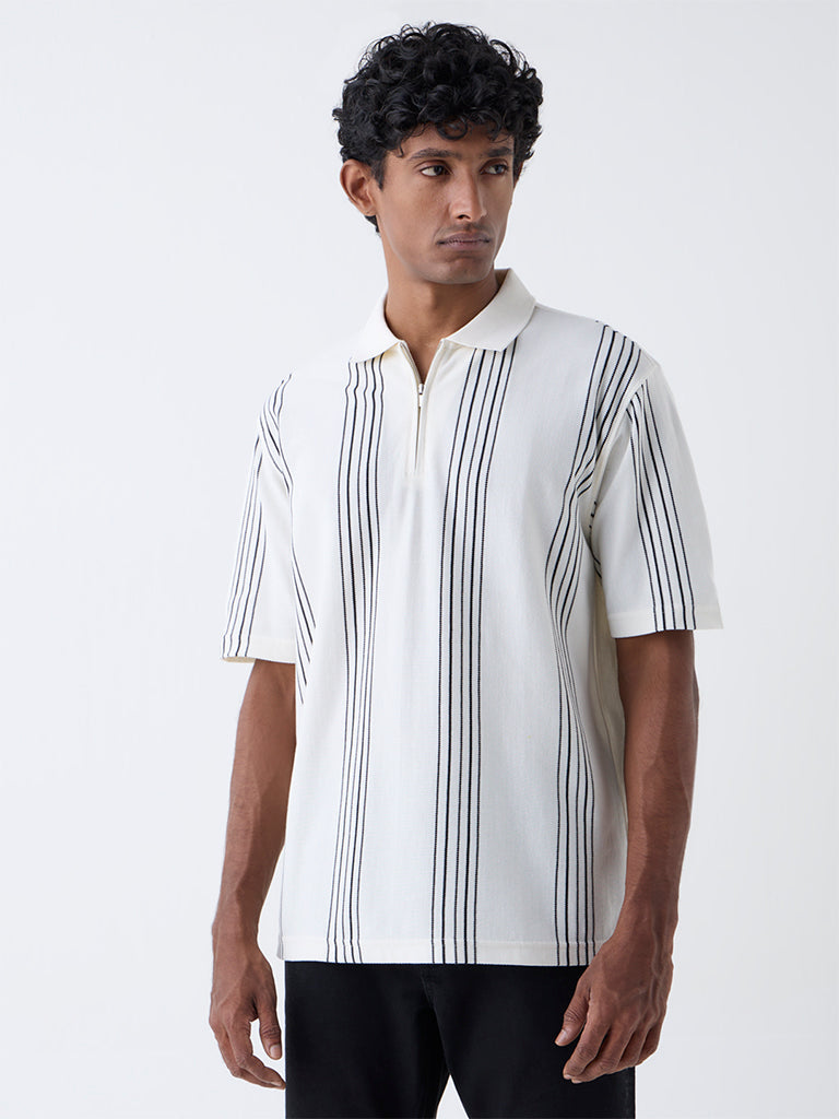 WES Casuals Off-White Relaxed Fit Three-Quarter Zip Polo T-Shirt