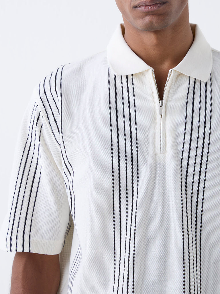 WES Casuals Off-White Relaxed Fit Three-Quarter Zip Polo T-Shirt