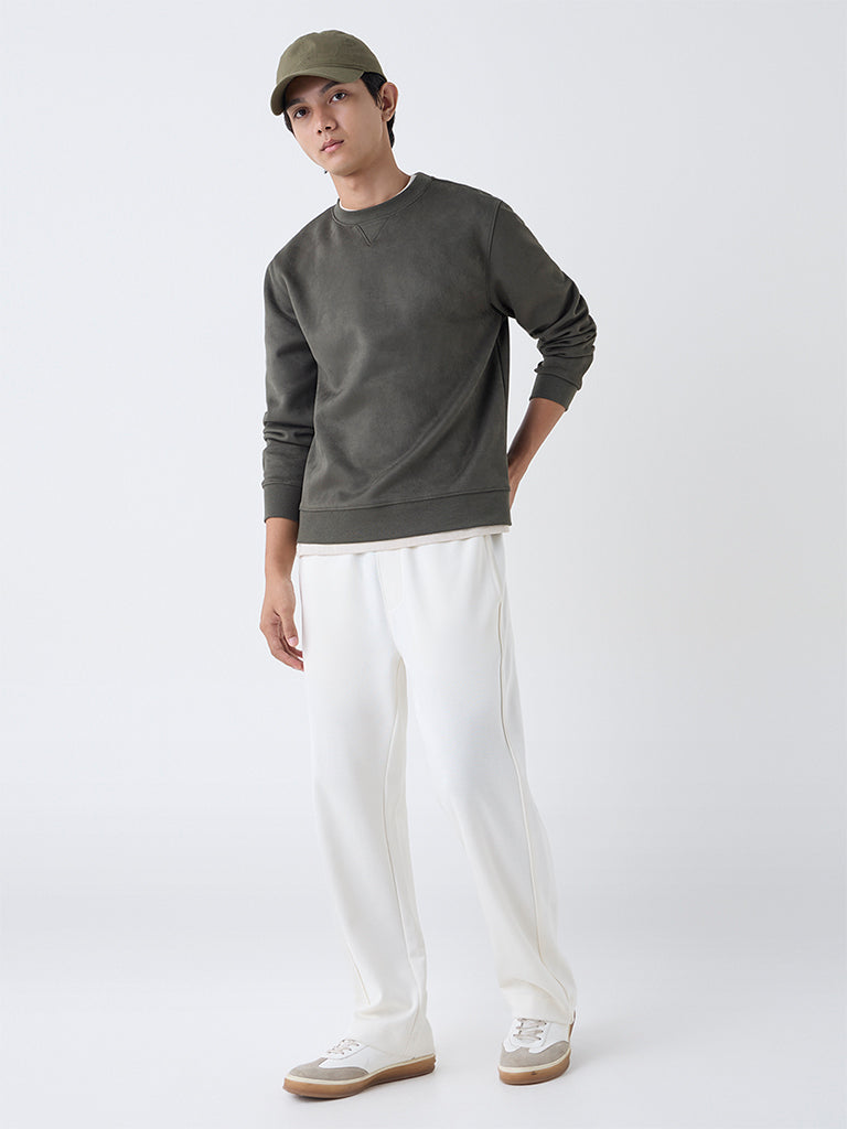 Studiofit Olive Solid Relaxed-Fit Suede Sweatshirt