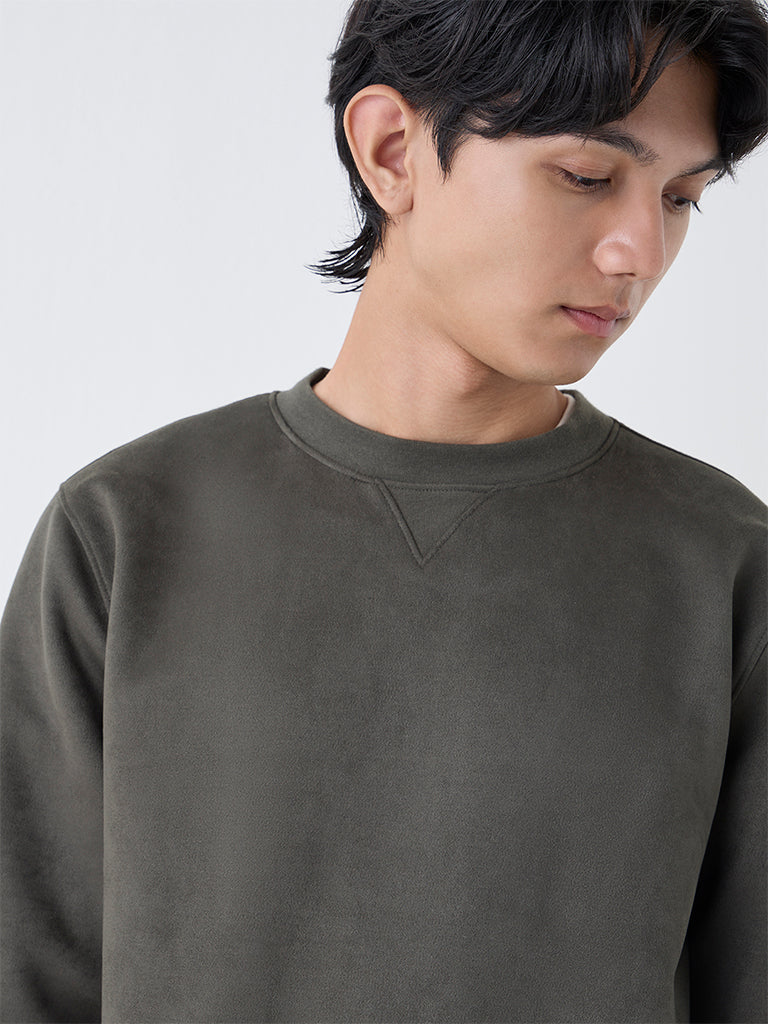 Studiofit Olive Solid Relaxed-Fit Suede Sweatshirt