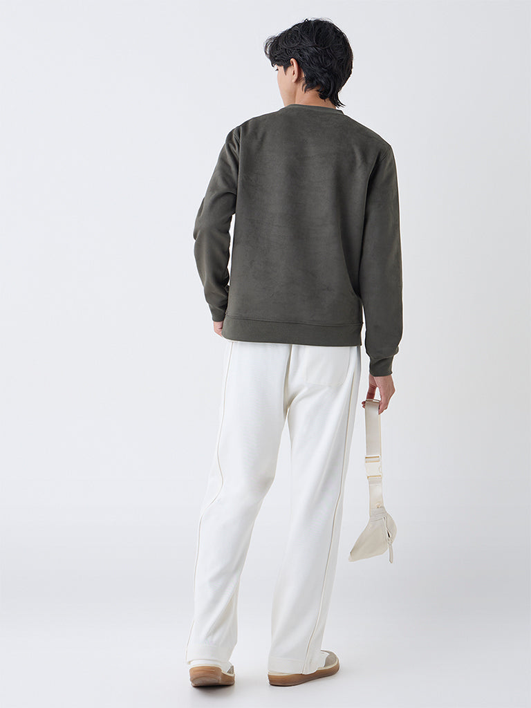 Studiofit Olive Solid Relaxed-Fit Suede Sweatshirt