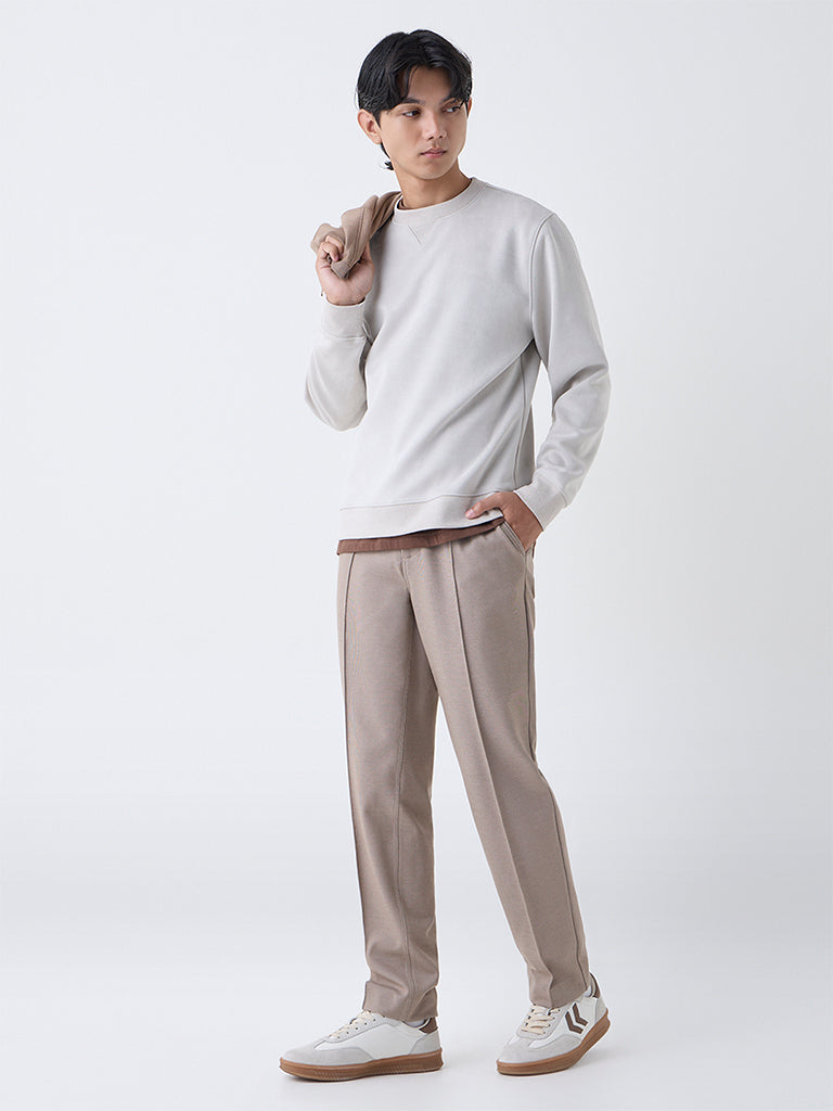 Studiofit Beige Solid Relaxed-Fit Suede Sweatshirt