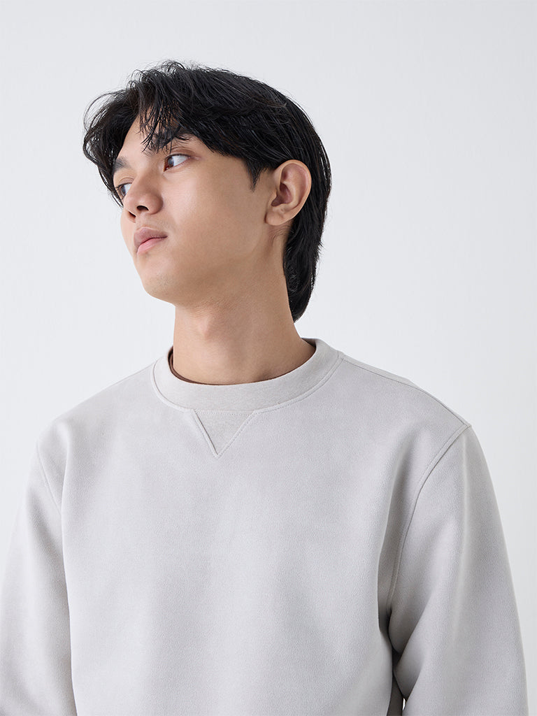 Studiofit Beige Solid Relaxed-Fit Suede Sweatshirt