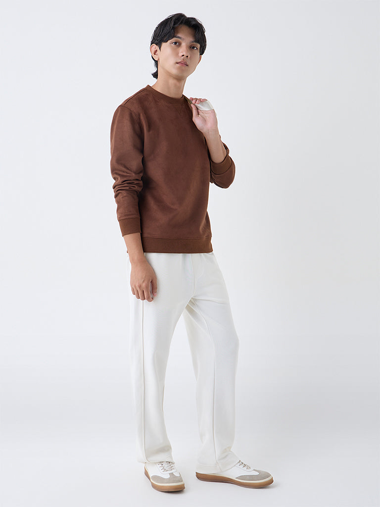 Studiofit Tan Solid Relaxed-Fit Suede Sweatshirt