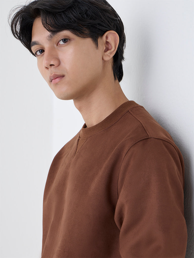 Studiofit Tan Solid Relaxed-Fit Suede Sweatshirt