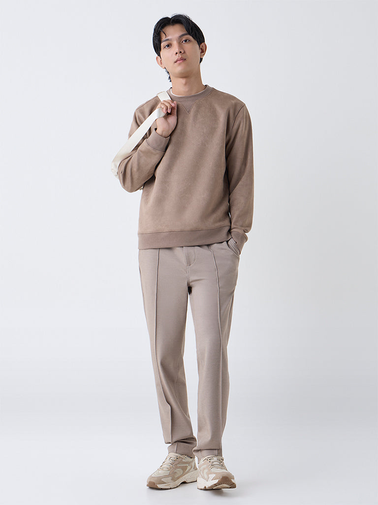 Studiofit Taupe Solid Relaxed-Fit Suede Sweatshirt