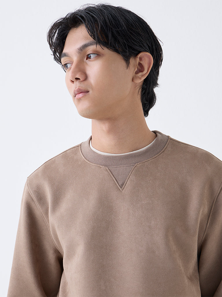 Studiofit Taupe Solid Relaxed-Fit Suede Sweatshirt