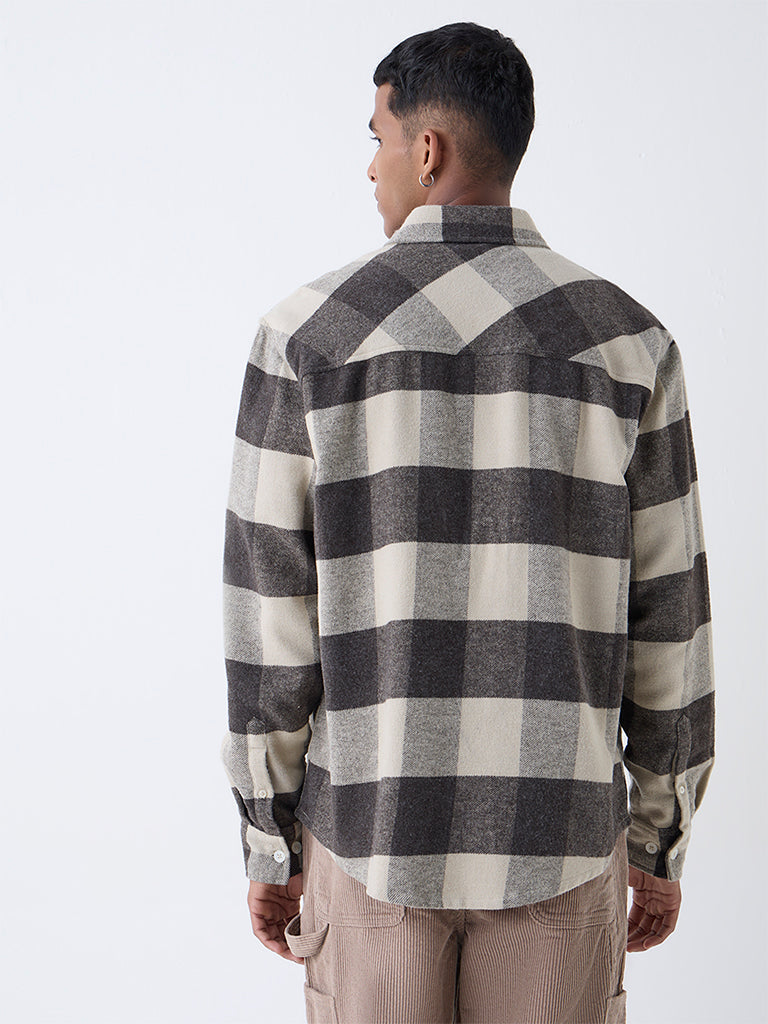 Nuon Brown Checks Printed Relaxed-Fit Cotton Shirt