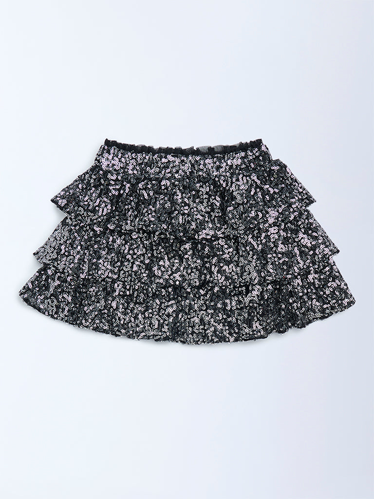 HOP Kids Girls Black Sequin Embellished High-Rise Tiered Skirt