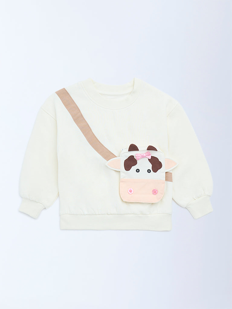 HOP Kids Girls Off-White Animal Design Cotton-Blend Sweatshirt