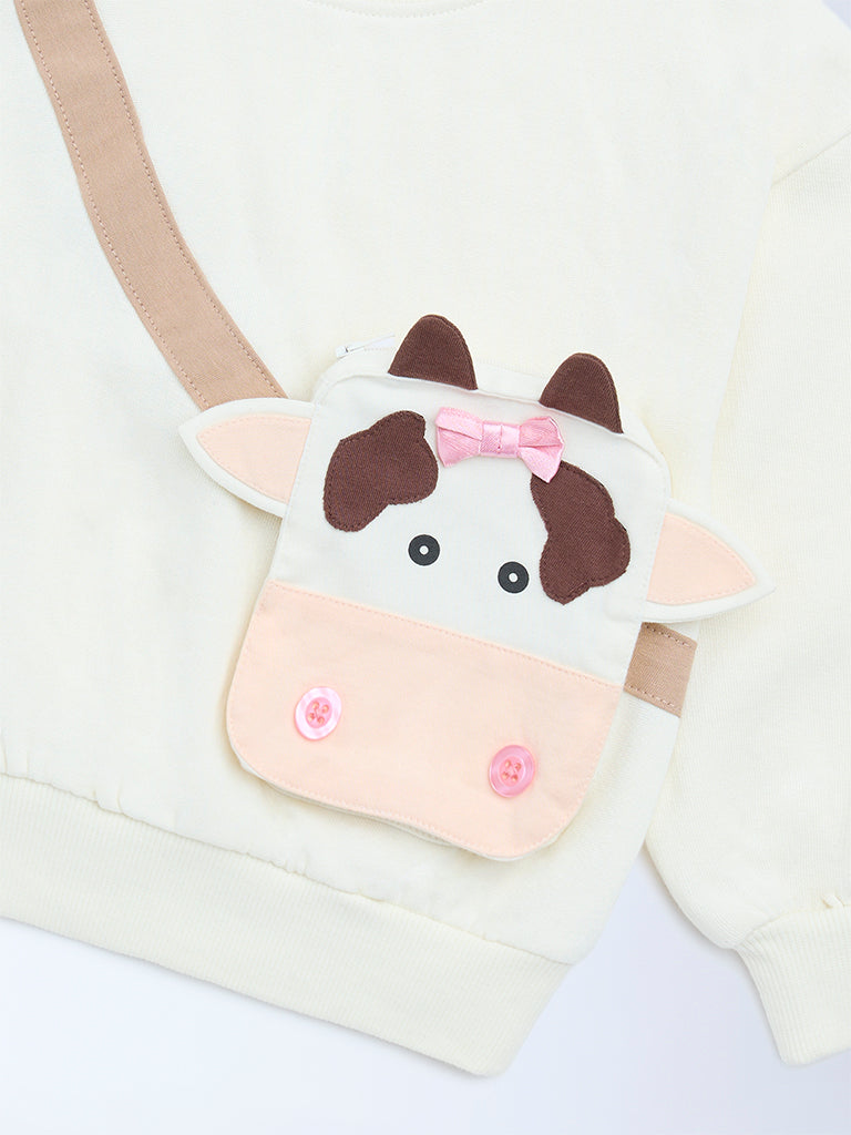 HOP Kids Girls Off-White Animal Design Cotton-Blend Sweatshirt