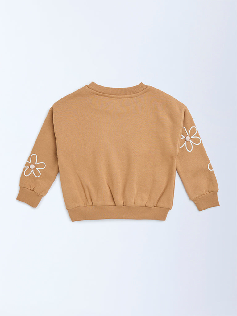 HOP Kids Brown Floral Embroidered Cotton-Blend Sweatshirt
