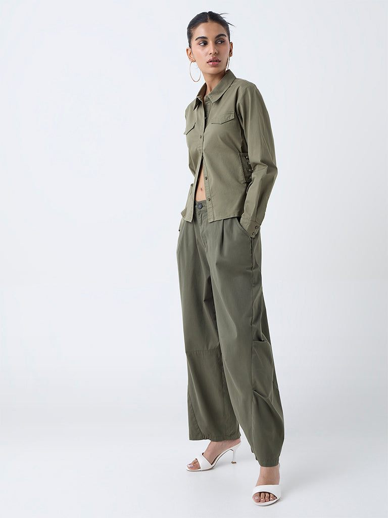 Nuon Olive Criss-Cross Detailed Cotton-Blend Shirt