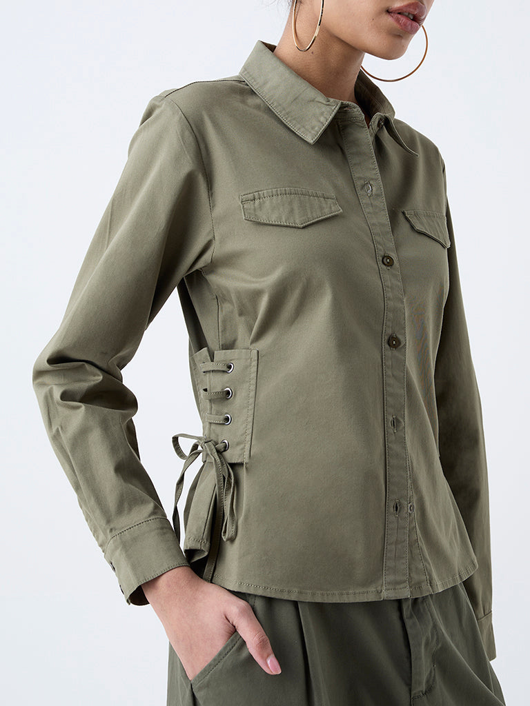 Nuon Olive Criss-Cross Detailed Cotton-Blend Shirt