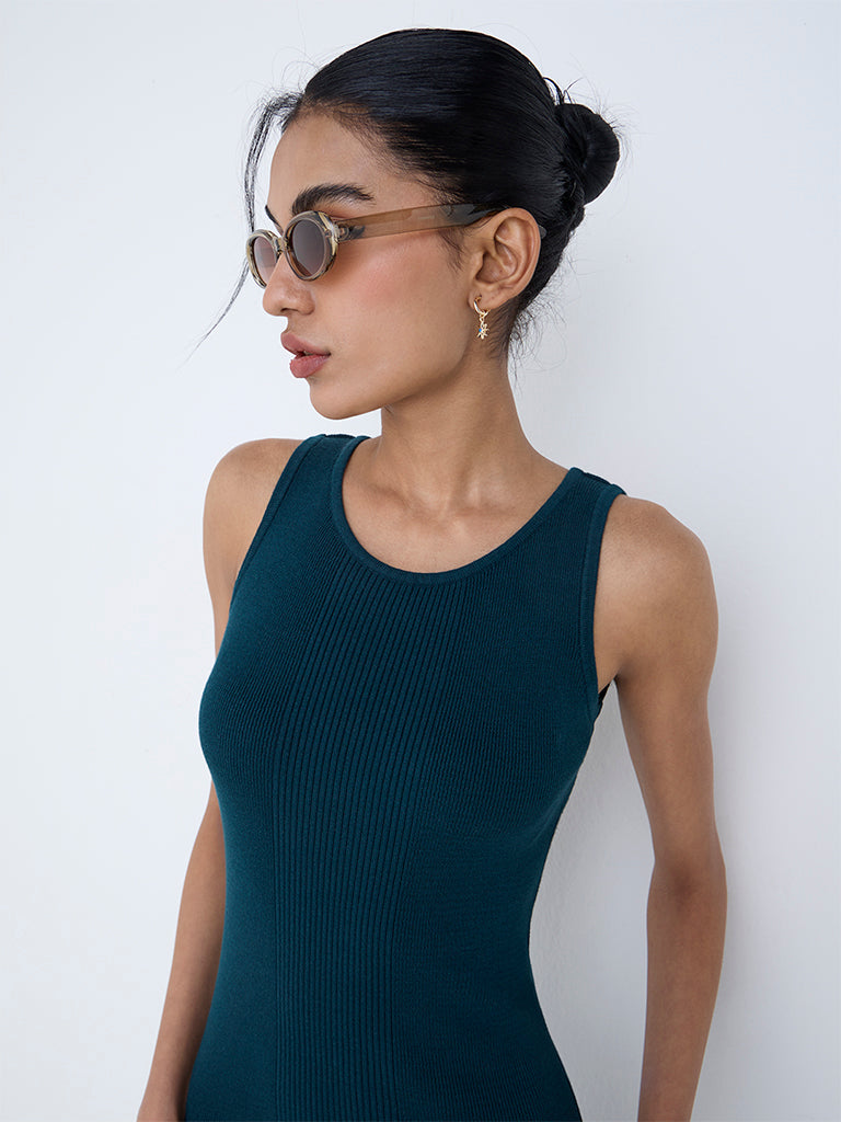 Buy Nuon Teal Ribbed Cotton Bodycon Dress from Westside