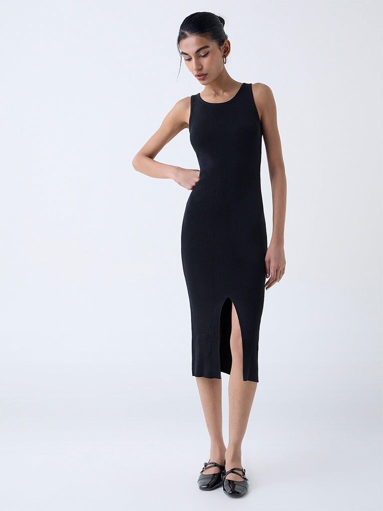 Nuon Black Ribbed Cotton Bodycon Dress