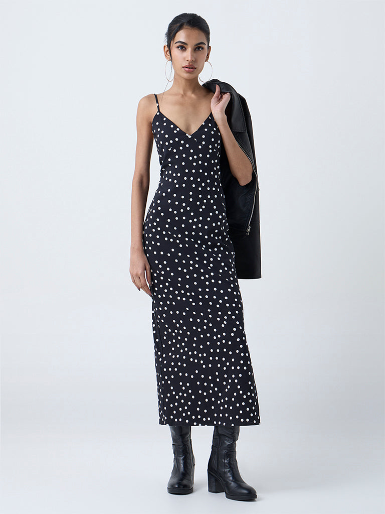 Nuon Black Polka Dotted Straight Dress