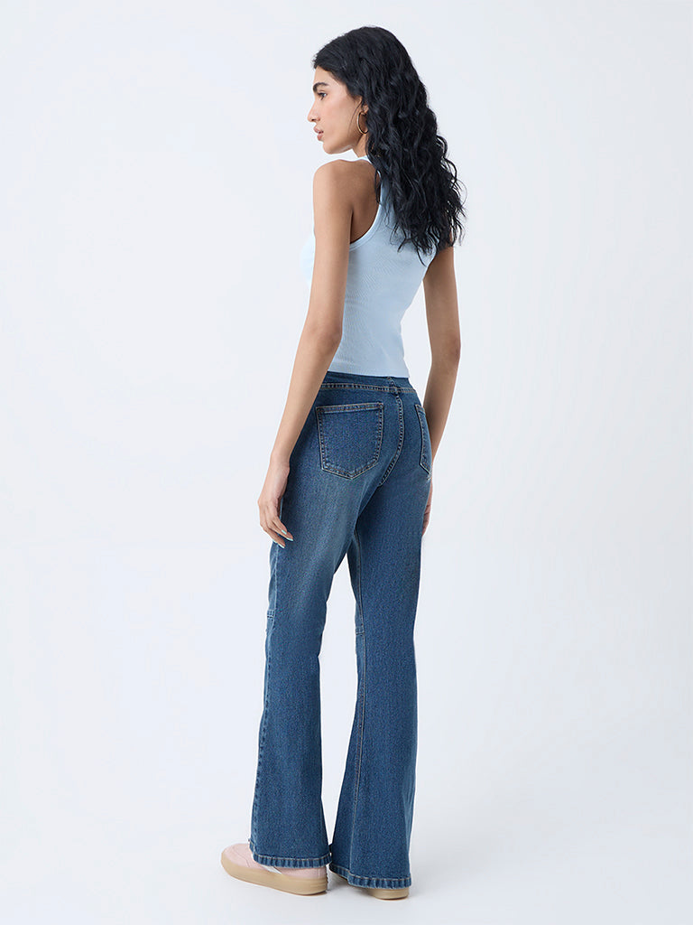 Nuon Blue Criss-Cross Detailed High-Rise Bootcut Jeans