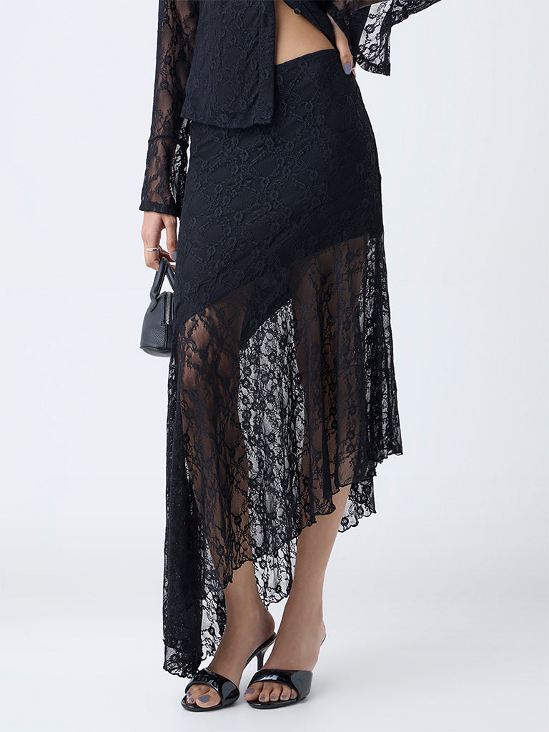 Nuon Black Lace Detailed Asymmetric High-Rise Skirt