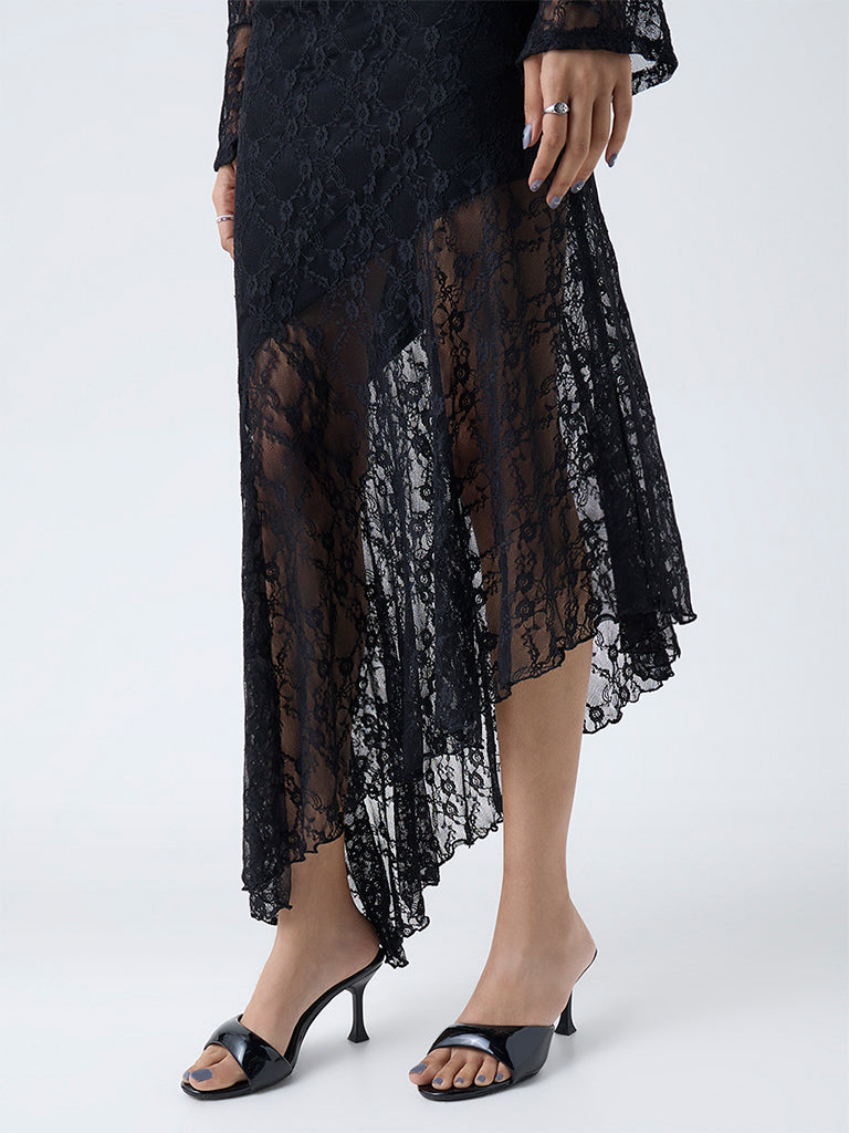 Nuon Black Lace Detailed Asymmetric High-Rise Skirt