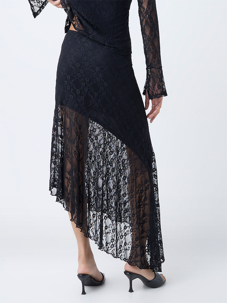 Nuon Black Lace Detailed Asymmetric High-Rise Skirt