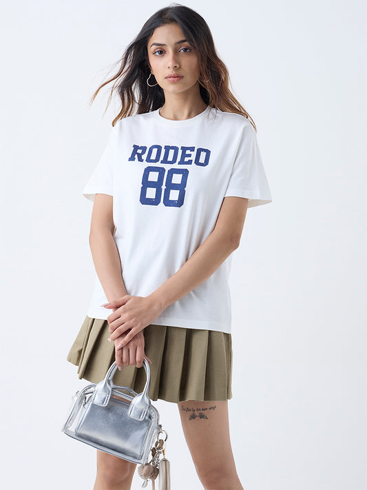Westside Nuon Women's White Numerical Printed Cotton T-Shirt for Casual Wear Front view
