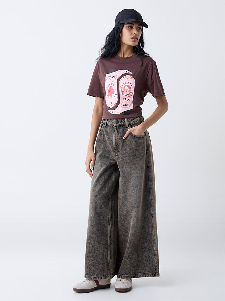 Nuon Brown Printed Cotton-Blend T-Shirt