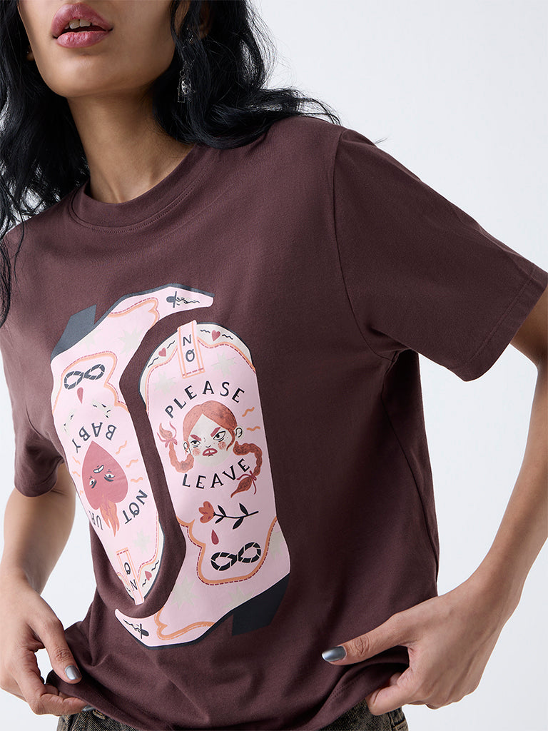 Nuon Brown Printed Cotton-Blend T-Shirt