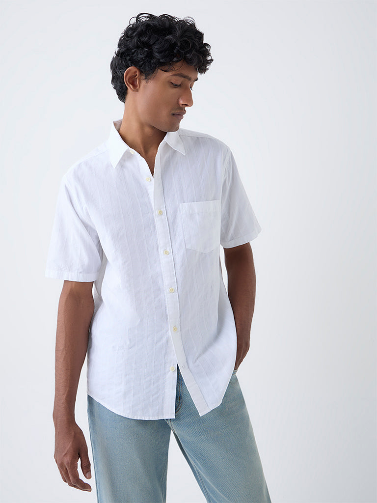 WES Casuals White Self-Striped Relaxed-Fit Cotton Shirt