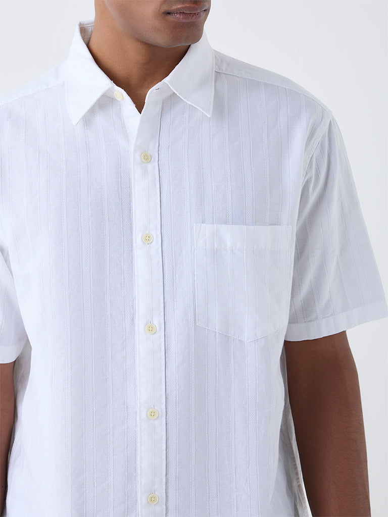 WES Casuals White Self-Striped Relaxed-Fit Cotton Shirt