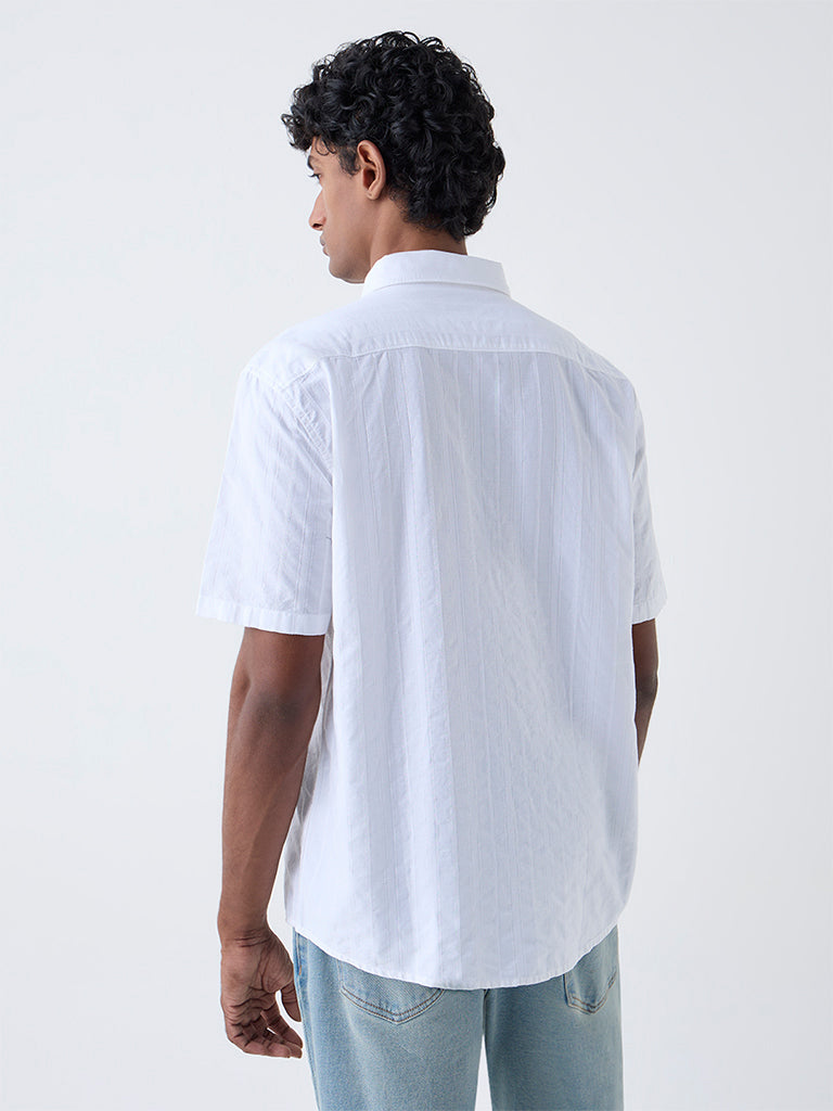 WES Casuals White Self-Striped Relaxed-Fit Cotton Shirt