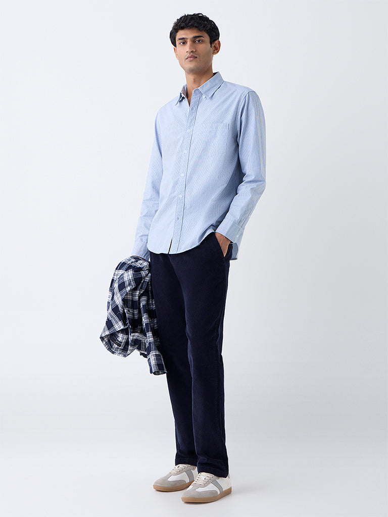 WES Casuals Blue Pinstriped Cotton Relaxed-Fit Cotton  Shirt