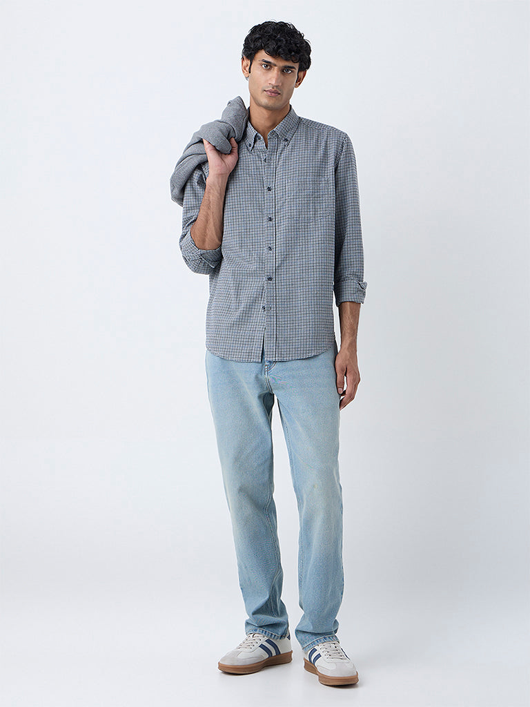 WES Casuals Grey Checks Pattern Relaxed-Fit Cotton Shirt