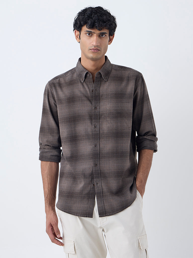 WES Casuals Brown Checks Printed Relaxed-Fit Cotton Shirt