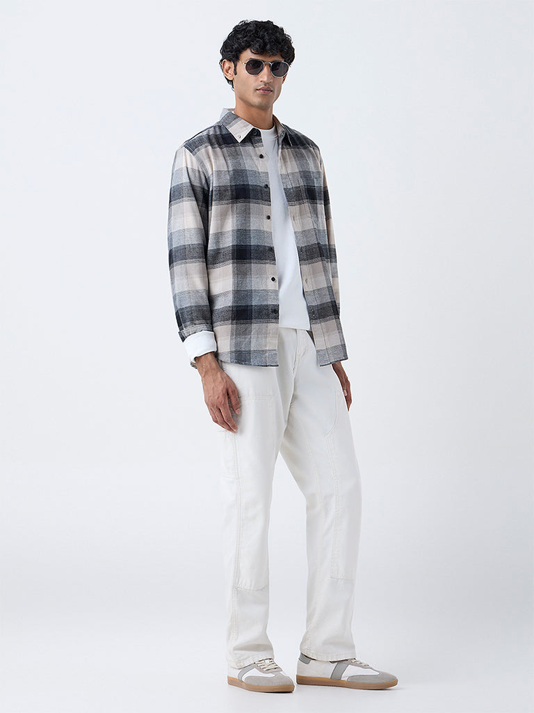 WES Casuals Grey Checks Printed Relaxed-Fit Cotton-Blend Shirt