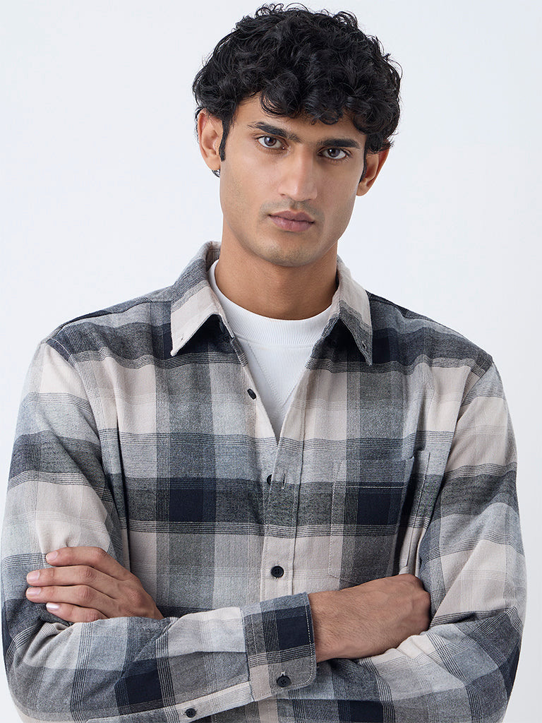 WES Casuals Grey Checks Printed Relaxed-Fit Cotton-Blend Shirt