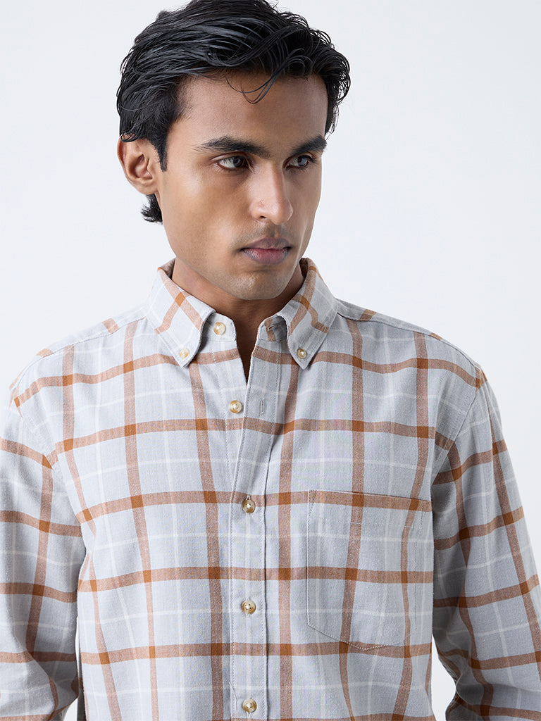 WES Casuals Grey Checkered Relaxed-Fit Cotton-Blend Shirt