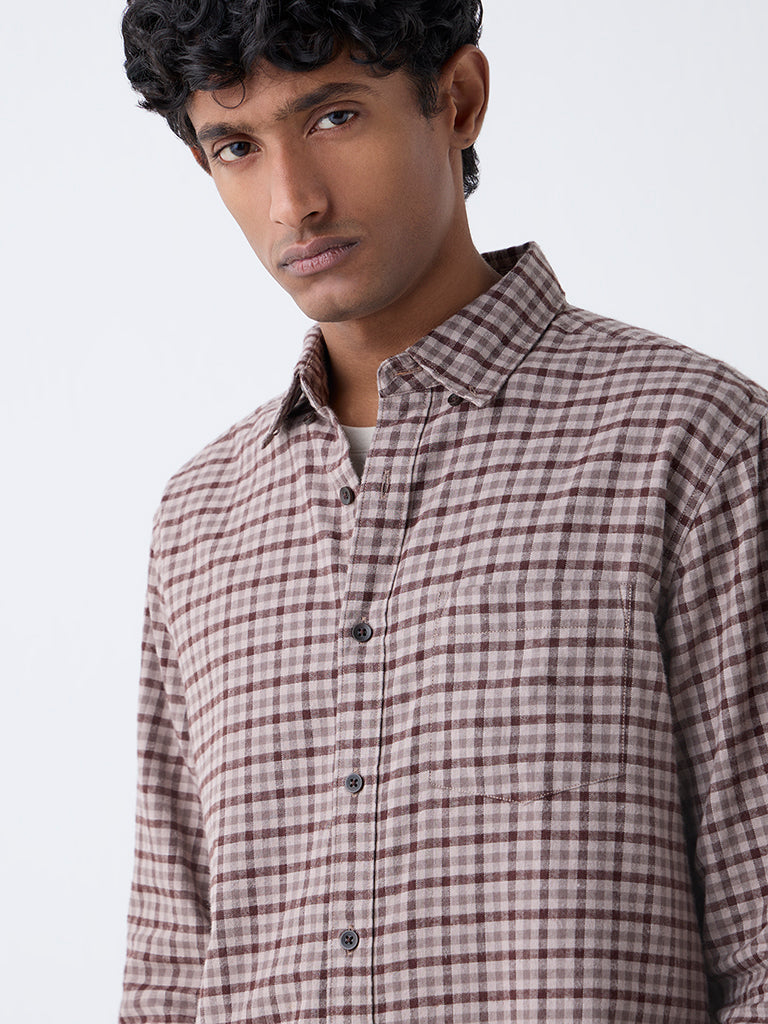 WES Casuals Brown Check Design Relaxed-Fit Cotton Shirt